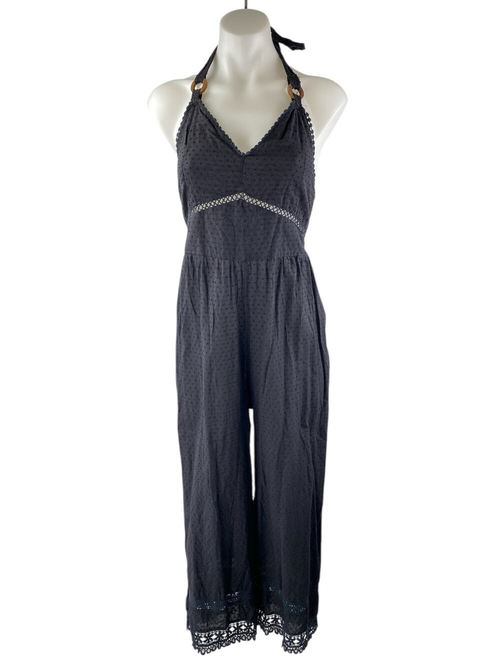 ZARA Black Polka Dot Lace Trim Halter Neck Sleeveless Wide Leg Romper Jumpsuit S